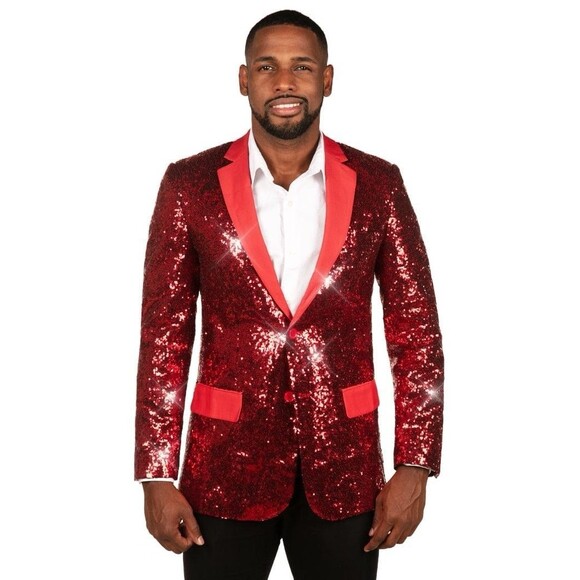 Tipsy Elves Men’s Sequin All Over Blazer Ruby Red Size 42 Tailored Fit Costume - Picture 1 of 9